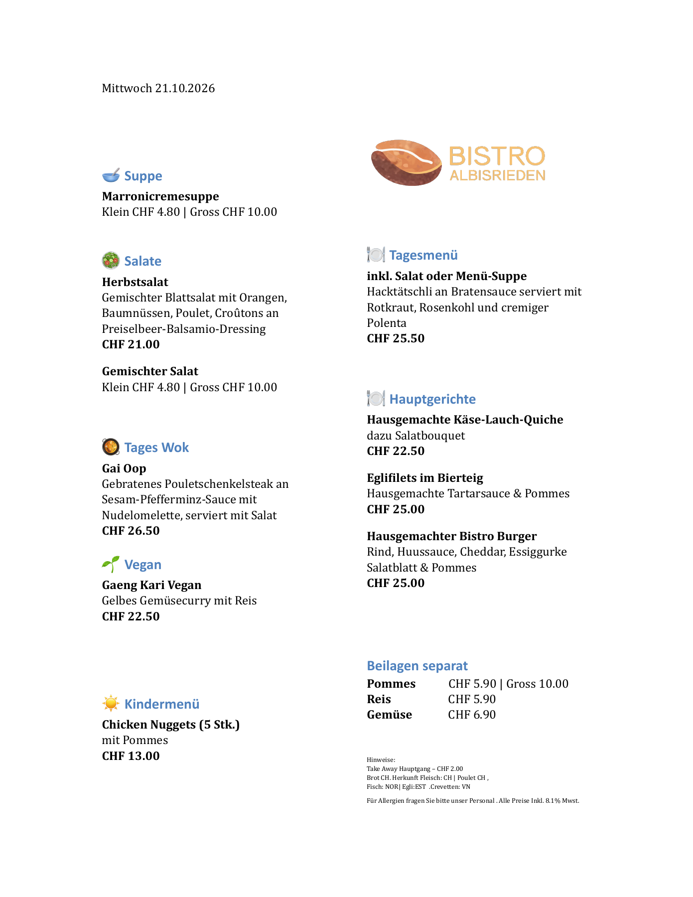 Tagesmenü des Bistro Albisrieden vom 21. Oktober 2026. PDF durch Antippen öffnen.